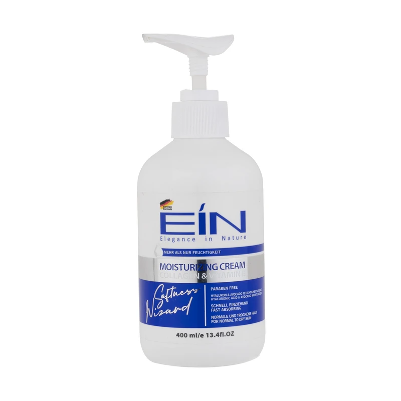کرم ای آی ان مدل Moisturizing حجم 400 میلیلیتر، فاقد پارابن، حاوی ویتامین E، مناسب انواع پوست، با پمپی